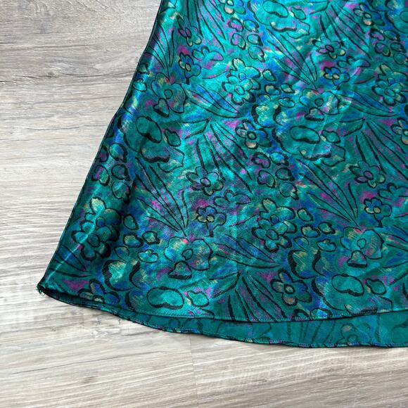 Vintage Cacique Satin Lace Slip Dress Floral Teal Black Lingerie M - Picture 3 of 7